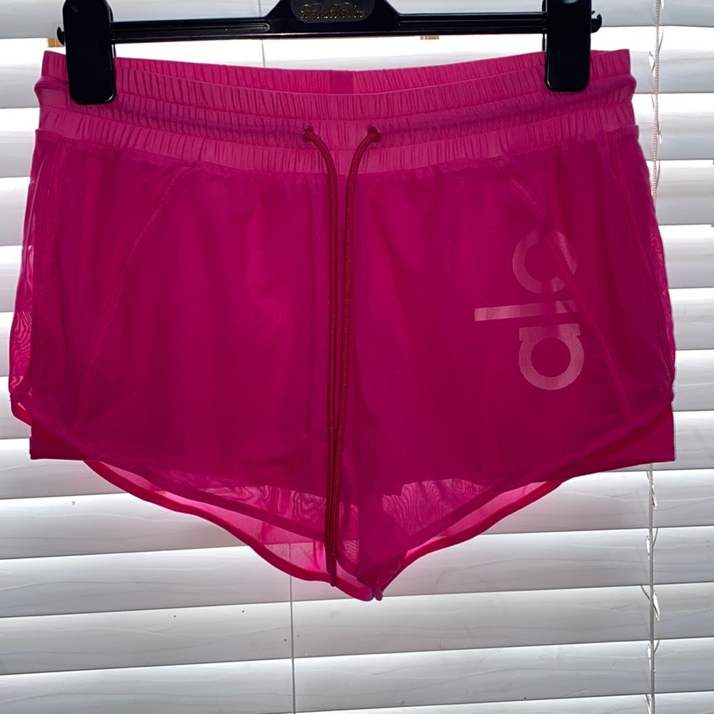Alo Hot Pink Branded Layered Mesh Shorts